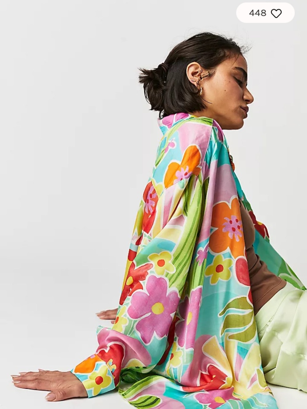 Spell Multicolor Floral Satin Tunic - Pink, Green, Yellow, Orange, Blue - Picture 4 of 11